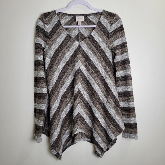 Knox Rose Brown Chevron Metalic Striped V Neck Asymmetrical Flowy Top S - Picture 1 of 5